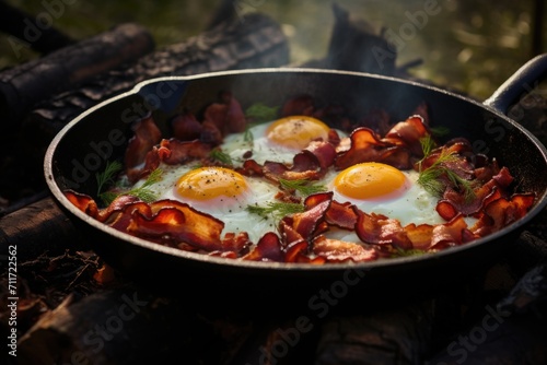 Breakfast with bacon and eggs in a cast-iron frying pan