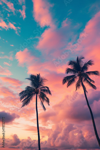 palm trees at sunset on the beach, in blue-pink colors © Lusia Lukina