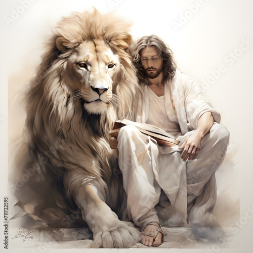 Daniel in the lions' den illustration from the bible. Old testament prophet Daniel sitting next to the lion photo