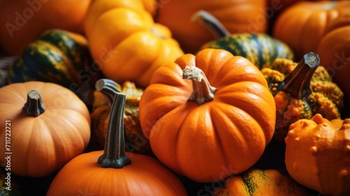Banner with a close-up of fresh pumpkins of different shapes and sizes