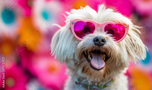 A small dog rejoices at the arrival of spring. Happy dog wearing pink heart-shaped sunglasses on a background of flowers. photo