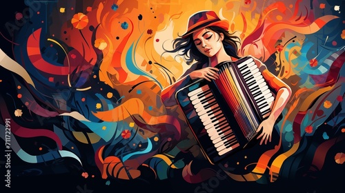 Abstract and colorful illustration of a woman playing accordion on a black background