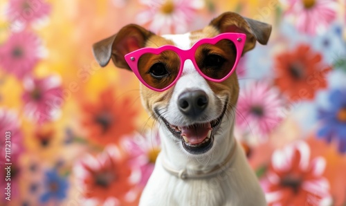 Foto Happy Jack Russell Terrier Dog wearing pink heart-shaped sunglasses on a floral background