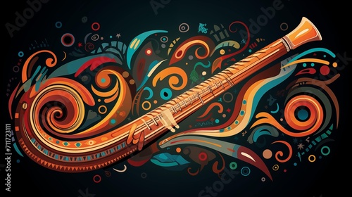 Abstract and colorful illustration of a didgeridoo on a black background