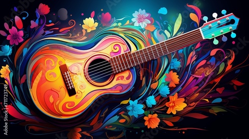 Abstract and colorful illustration of a guitar surrounded by flowers on a black background