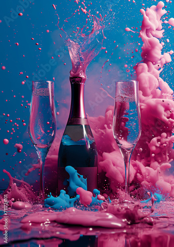Party background. Creative design with festive objects, bottle champagne wine with glass. Colorful ultraviolet holographic neon lights. Creative concept.