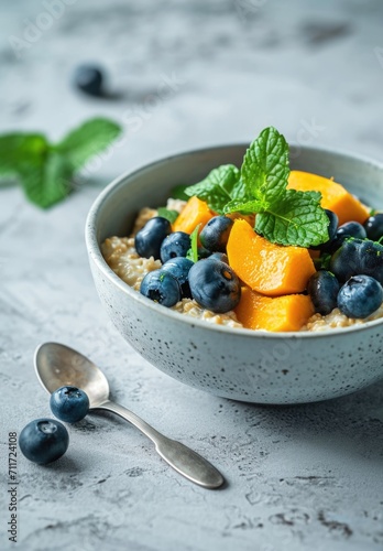 Millet porridge with blueberries  pumpkin and mango in a bowl