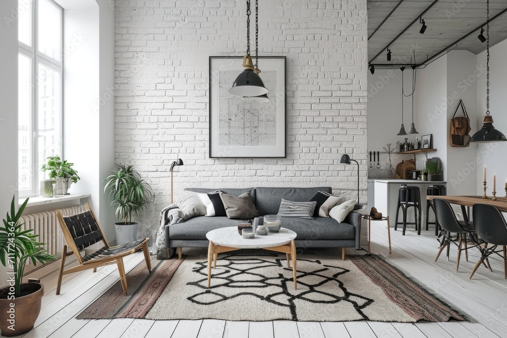 Scandinavian living room with sofa and kitchen, functional large living room - obrazy, fototapety, plakaty 