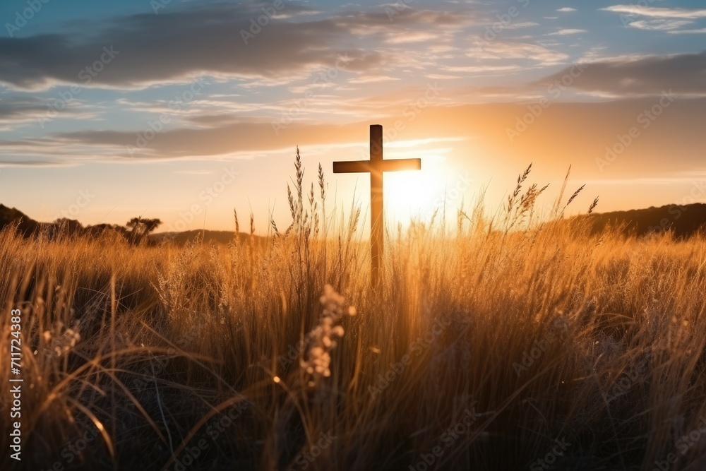 Silhouette jesus christ crucifix on cross on calvary sunset background concept for good friday he is risen in easter day, good friday jesus death on crucifix, world christian and holy spirit religious - obrazy, fototapety, plakaty 