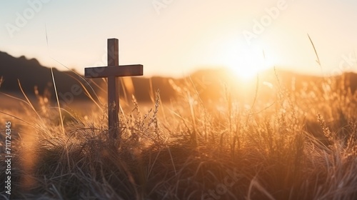 Silhouette jesus christ crucifix on cross on calvary sunset background concept for good friday he is risen in easter day, good friday jesus death on crucifix, world christian and holy spirit religious photo