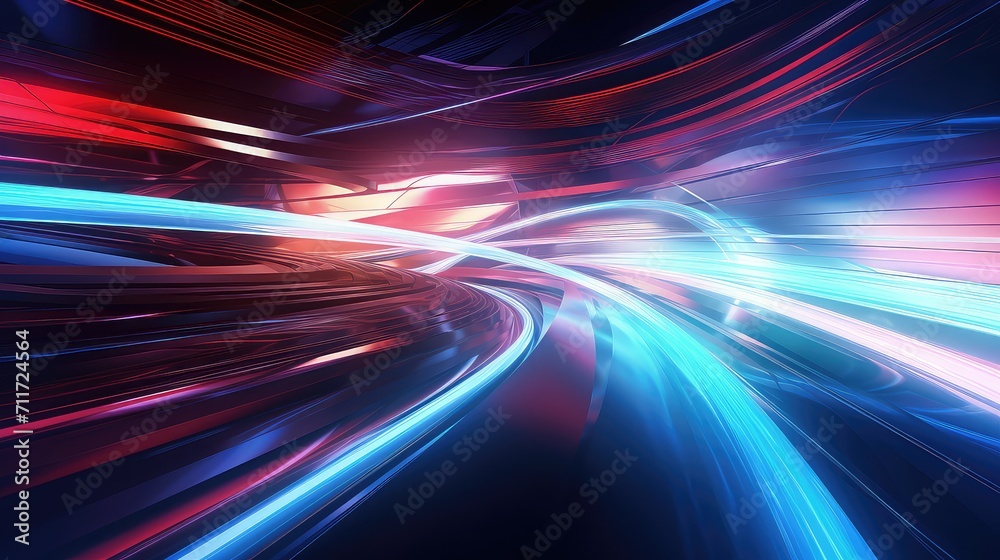 A dynamic abstract of streaking neon lights in red and blue, capturing the energy and movement of futuristic light streams.
