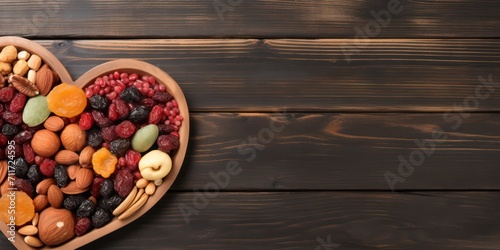 Dried fruits and nuts, laid out in the shape of a heart on wooden dark background . Concept of the Jewish holiday Tu Bishvat. Banner