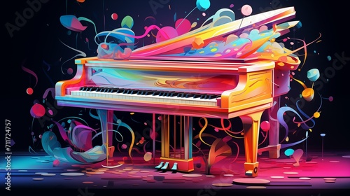 Abstract and colorful illustration of a piano on a black background