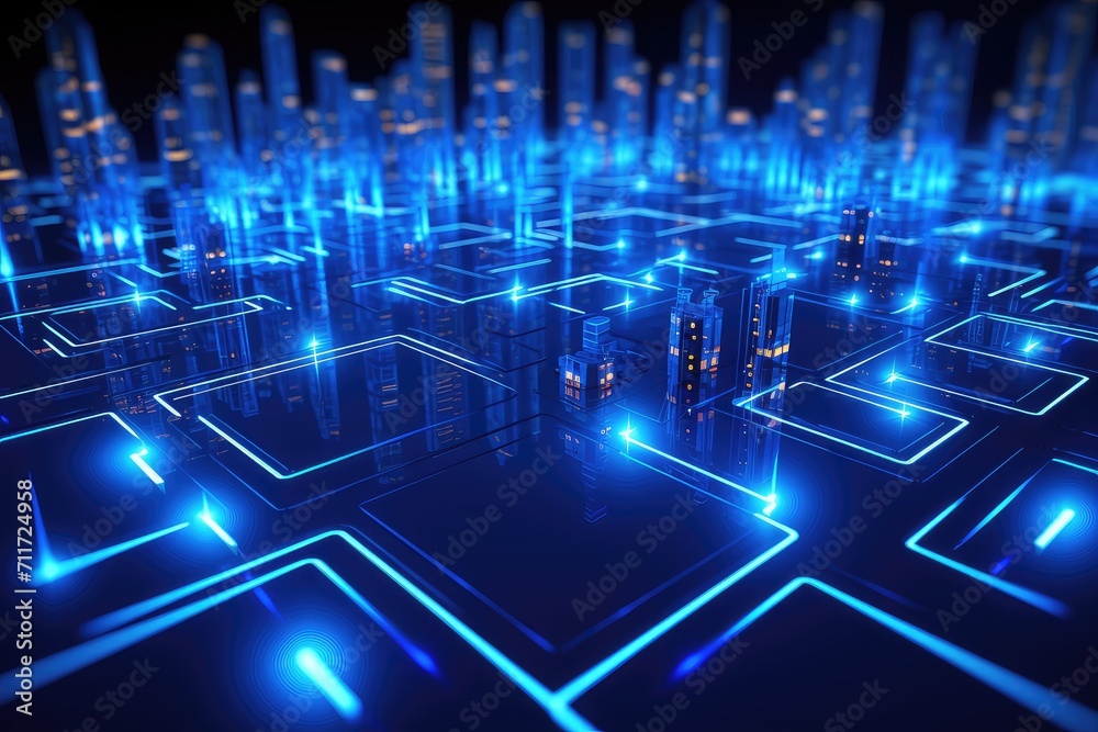 Obraz premium An expansive digital cityscape network glowing in neon blue, showcasing intricate details of an urban grid and futuristic architecture. 