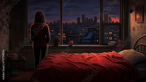 woman in bed with night light in the bedroom, night scene background