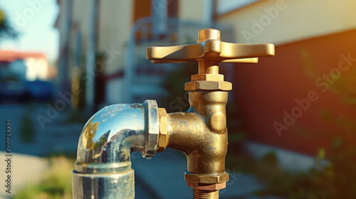 Close-up new metal taps with valve for drinking water pipeline. Outdoor water supply tap.