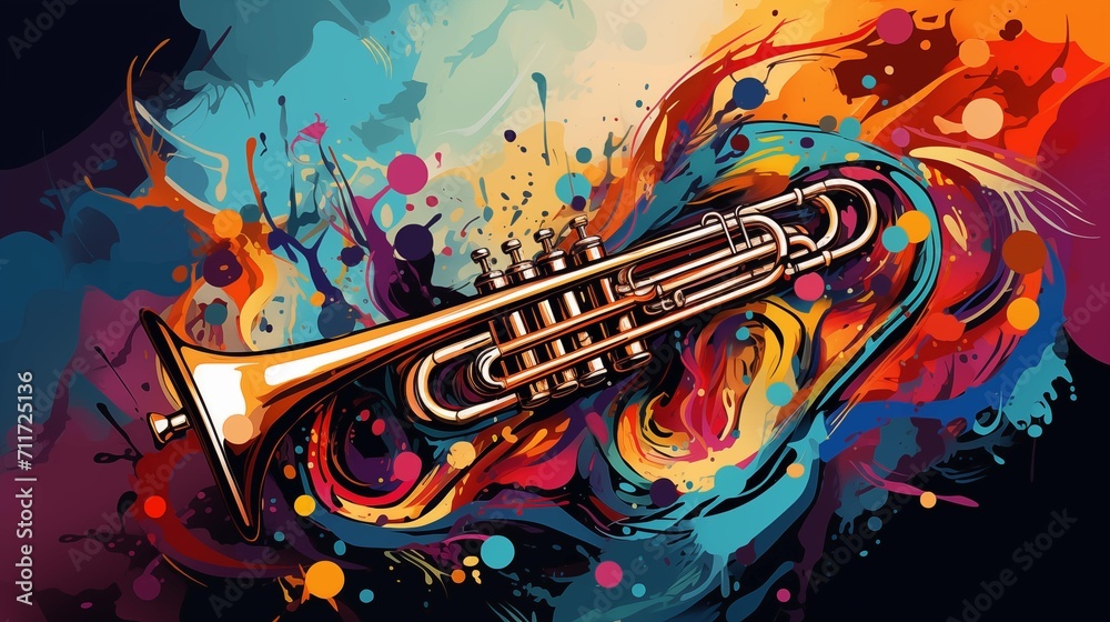 Abstract illustration of a trumpet on a colorful background - obrazy, fototapety, plakaty 