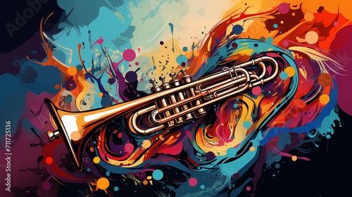 Abstract illustration of a trumpet on a colorful background photo