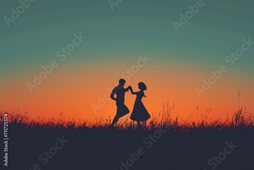 two people who are dancing at sunset  in the style of cute and dreamy