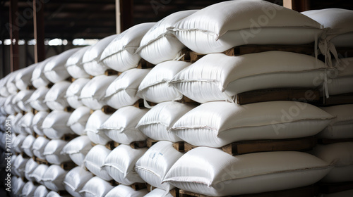 Close-up of a warehouse with bulk rice or sugar bags in a distribution center. White bag rice storage barn, bulk rice procurement, production and transportation of rice.