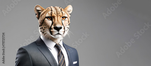 Anthropomorphic realistic cheetah director, boss in elegant business suit, white shirt and tie. Large portrait on blue background. Fantastic business concept. Commercial advertising banner. Close-up