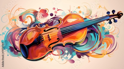 Abstract and colorful illustration of a violin on a cream background photo