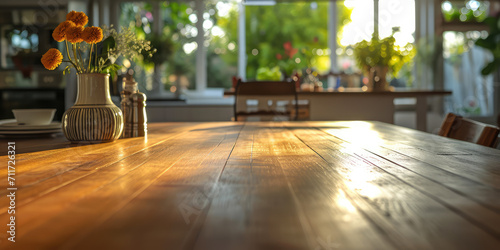 Close-up of the smooth surface of an empty dining table. Strict background for kitchen furniture store, cabinet furniture for home.