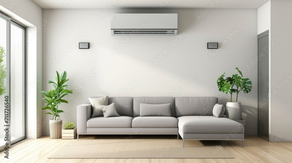 Modern air conditioning on the wall in the room with a gray sofa in the living room Modern air conditioning on the wall in the room with a gray sofa in the living room
