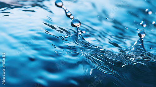 Close-up of the surface of clear crystal water with drops and splashes. Blue artesian water, benefits of clean water for the health, abstract hydration background, underwater.