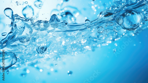 Close-up of the surface of clear crystal water with drops and splashes. Blue artesian water  benefits of clean water for the health  abstract hydration background  underwater.
