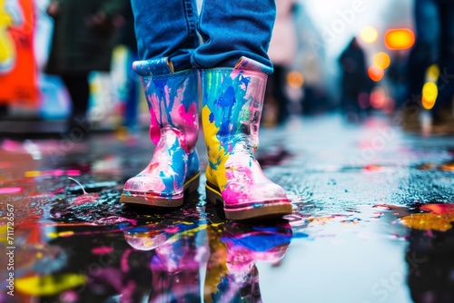 Colourful Rain Boots on Puddle-Splashed Street. Person wearing colourful rain boots on a vibrant, reflection-filled wet street.