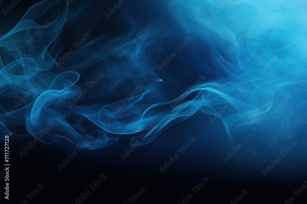 Empty dark background with sky blue smoke