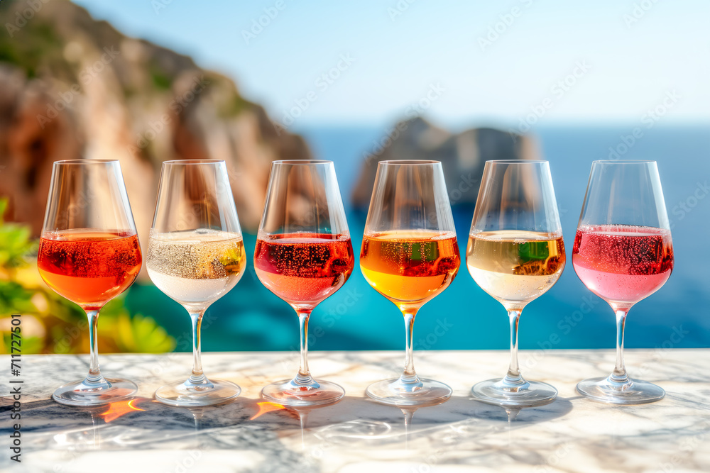 Row of wine glasses with varying shades of rose and white wine on marble bar with seascape background, suggesting tasting event or social gathering in coastal setting with focus on leisure