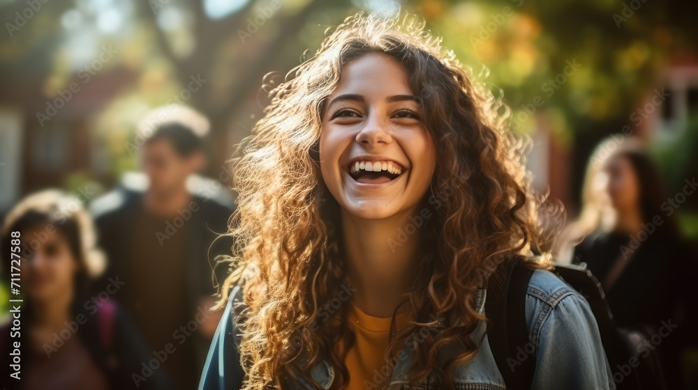 Happy European or American teenager girl laughing with friends in school. Happy childhood, friendly group of children in class. Teenage friendship and transition age. Happy European or American teenager girl laughing with friends in school. Happy childhood, friendly group of children in class. Teenage friendship and transition age.