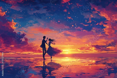 two people who are dancing at sunset, in the style of cute and dreamy