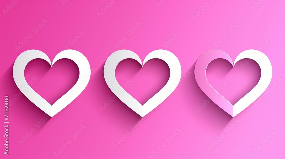 Three elegant hearts on pink background. Valentine's Day banner. Love concept