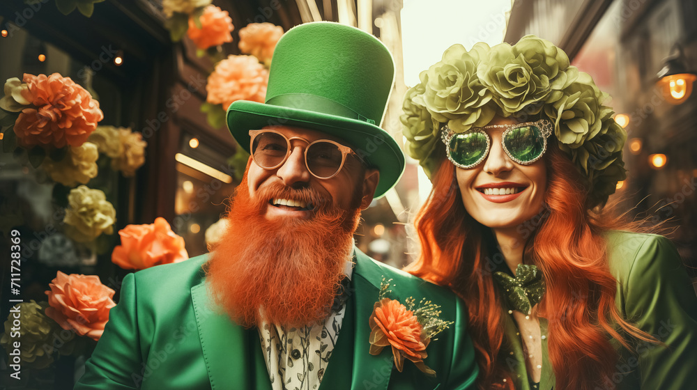 Modern man with beard and woman with red hair wearing green St. Patrick's Day hats take part in parade down city street