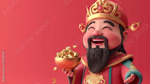A cute Chinese God of wealth holding a large shiny gold ingot in his hand on a red background