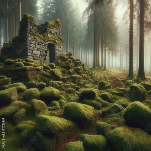 Mystical Green Forest and Ancient Ruins: Tranquil Beauty of Nature and Decay