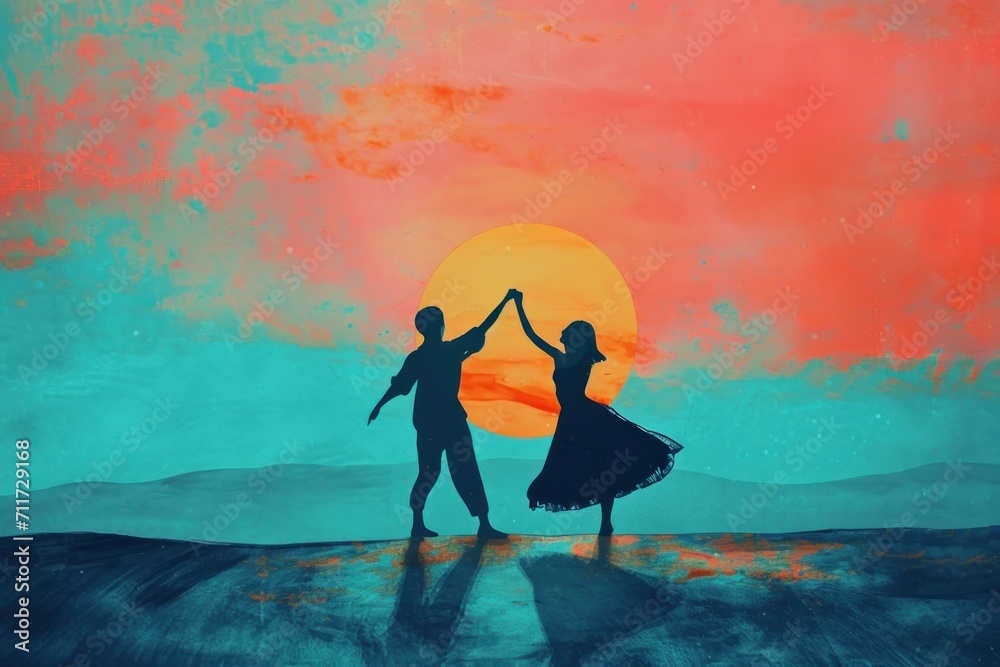 two people who are dancing at sunset, in the style of cute and dreamy two people who are dancing at sunset, in the style of cute and dreamy