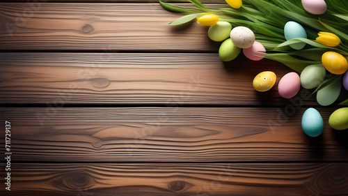 Painted Easter eggs and tulips on a wooden background with space for text.