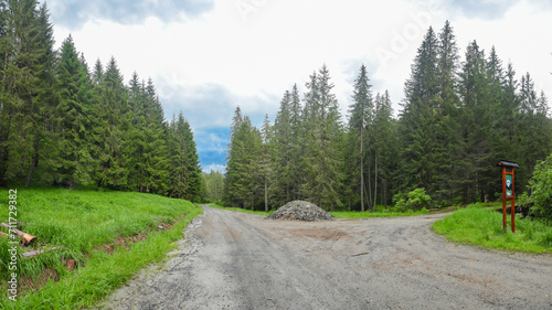 Dirt roads along coniferous forests inside a mountainous area. The roads form a intersection near the spruce woodlands. A gravel pile stands near the crossroad. Carpathia, Cindrel Mountains, Romania.