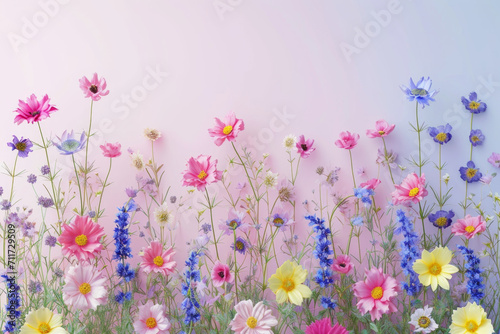Spring floral background with colorful flowers in bright pastel colors. Aesthetic composition for springtime. © lagano