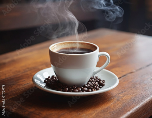 Coffe cup on a wooden table bokeh effect generative AI
