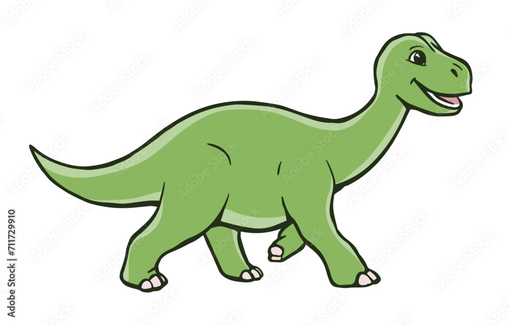 Cute cartoon young dinosaur. Little green brontosaurus. Vector isolated clipart illustration. White background. Hand drawn outline Cute cartoon young dinosaur. Little green brontosaurus. Vector isolated clipart illustration. White background. Hand drawn outline