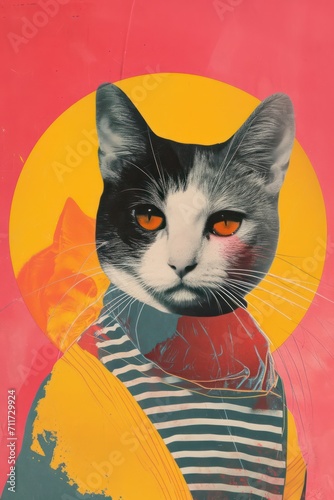 abstract vintage cat collage art, featuring retro aesthetic colors, stunning wall art and printing designs © Matthew