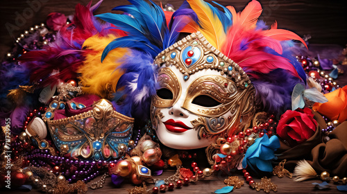 Venetian gold mask with beads and feather decoration in traditional Mardi Gras colors - purple, green, yellow