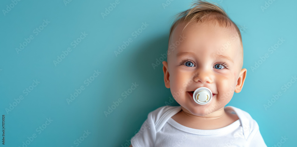 Smiling baby boy with pacifier portrait on flat blue background with copy space. Banner template with infant child smile. - obrazy, fototapety, plakaty 