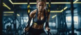 Young athletic woman in sports clothing training legs with trx fitness