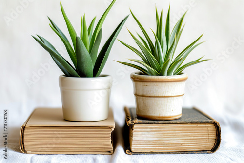 Potted Plants Adorn a Vintage Book Stack Ensemble